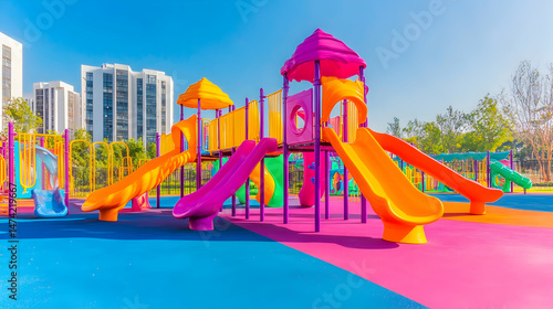 Wallpaper Mural Vibrant playground with colorful slides and climbing structures under a sunny sky Torontodigital.ca