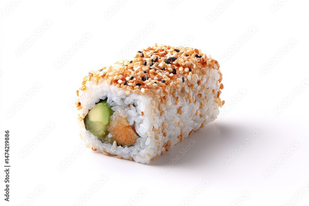 Sesame-crusted sushi roll with avocado and fish. Sesame-crusted sushi roll with avocado and fish.