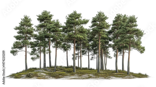 Isolated pine trees forest on hill, PNG transparent background, for graphic design and compositing, natural scenery element in high resolution