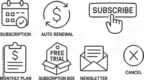 Multiple icons depicting subscription services, auto renewal, free trial, and cancellation processes in a clean vector illustration format