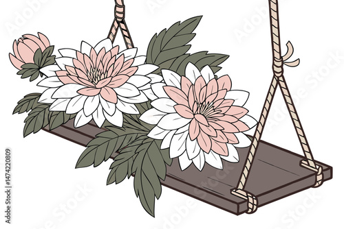 150 floral botanical arrangement, pink and white dahlias, hanging rope swing, minimalist composition, natural lighting, clean background, high quality, detailed, cinematic