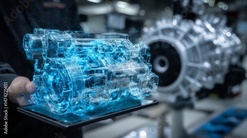 In a manufacturing environment, an engineer utilizes a tablet to create an engine design with the aid of an augmented reality application, incorporating Industry 4.0 principles of research,