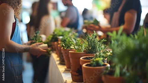 People browsing a display of potted herbs and succulents.