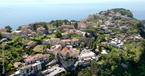 Aerial view of the town of Ravello, in the province of Salerno, in Campania, Italy. It's one of the most beautiful and touristic places on the Amalfi coast, overlooking the Mediterranean Sea.