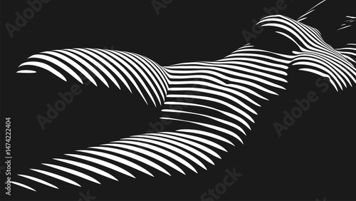 Minimalist black and white abstract art of feminine curves in projector light. Soft flowing lines shaping the beautiful woman body form. Elegant line art of female sensual figure. Vector illustration