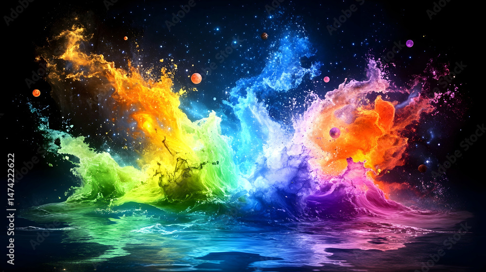 Fototapeta premium Vibrant rainbow splash reflecting cosmic elements