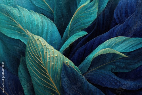 Vibrant teal and deep blue tropical leaves, close-up