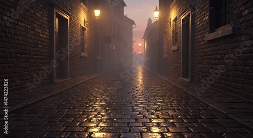 Foggy Street with Cobblestone and Brick Buildings