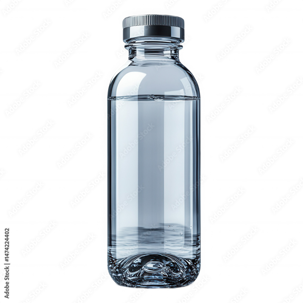 Clear glass water bottle with silver cap for hydration and refreshment on transparent background Clear glass water bottle with silver cap for hydration and refreshment on transparent background