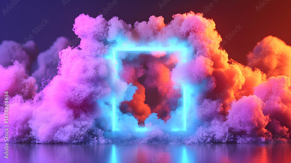 Glowing neon square frame within vibrant pink and orange smoke clouds, reflecting on a dark surface Glowing neon square frame within vibrant pink and orange smoke clouds, reflecting on a dark surface