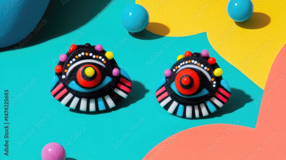 Fototapeta premium Modern stud earrings with bold gems on a vibrant turquoise background
