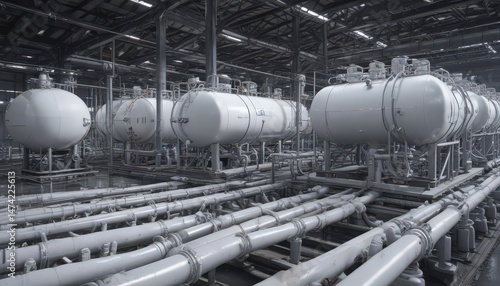 Hydrogen production facility showing tanks and pipelines,  pipes,  industrial setting,  power