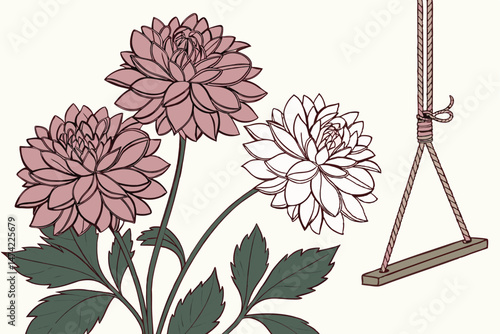 150 floral botanical arrangement, pink and white dahlias, hanging rope swing, minimalist composition, natural lighting, clean background, high quality, detailed, cinematic