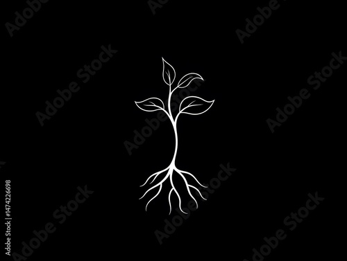 Elegant Botanical Illustration of Plant Sprout with Roots on Black Background - Minimalist Eco-Friendly Vector Art Emphasizing Greenery and Natural Beauty