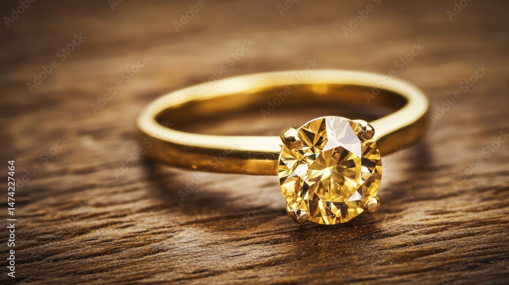 Yellow diamond solitaire ring displayed on rustic wood Yellow diamond solitaire ring displayed on rustic wood