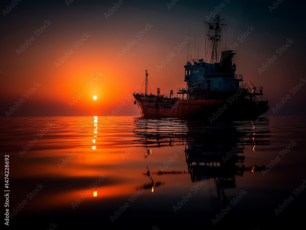 Fototapeta premium Rusty ship at sunrise, calm sea reflection