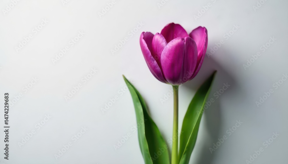 Fototapeta premium Pixelated purple tulip, green stem, leaves Delicate texture, neutral background , pixelated, beautiful