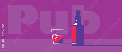 Flyer drink party, flat design alcohol, pub, banner. Bottle of whiskey, glass of scotch with ice, drunkenness, restaurant, pub