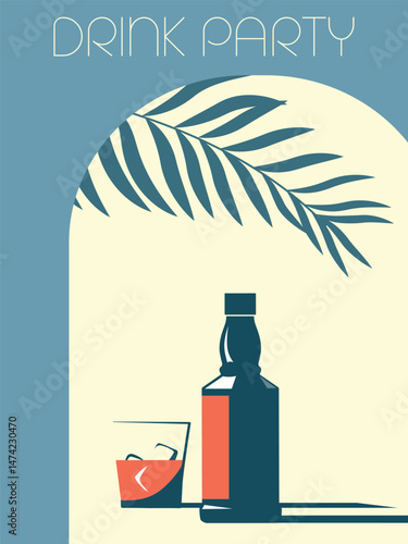 Party banner, alcohol bottle, glass, flat style. Illustration whiskey, vodka, scotch, bar menu, pub