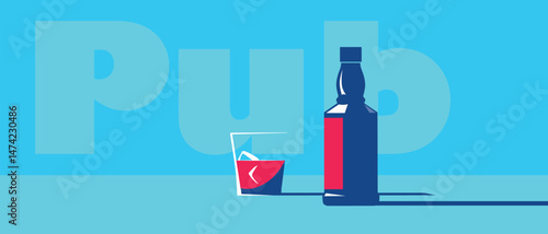 Pub, bar, whiskey with ice, alcohol bottle, glass. Vector design party poster, drink, jack, scotch, bourbon, rum