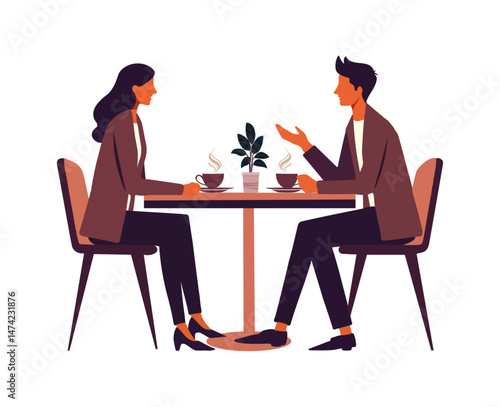 A warm illustration of friendship and conversation over cups of coffee.