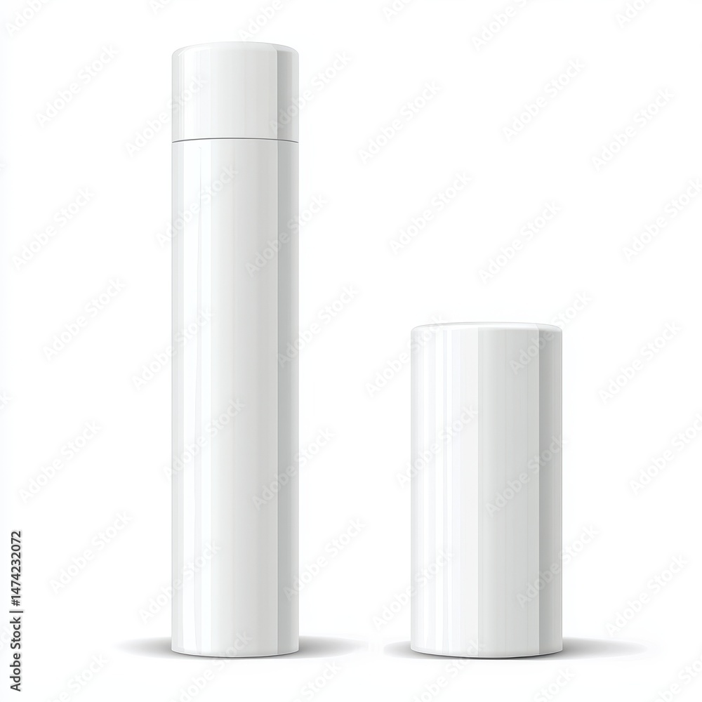 Two blank white cylindrical containers, likely for cosmetic or personal care products. One taller, likely a spray bottle, and one shorter, potentially a roll-on or stick Two blank white cylindrical containers, likely for cosmetic or personal care products. One taller, likely a spray bottle, and one shorter, potentially a roll-on or stick