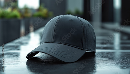 Close-up view of plain black cap for mockup display