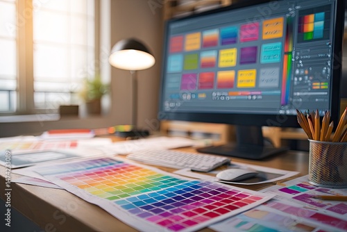 Creative workspace with color palettes and computer