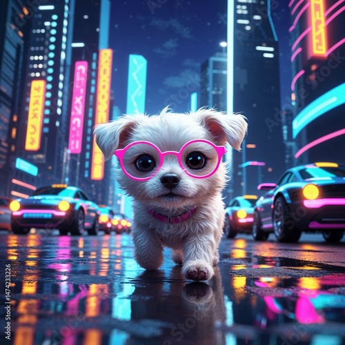 8k Cute Puppy Wearing Pink Glasses Walking on Neon City Street