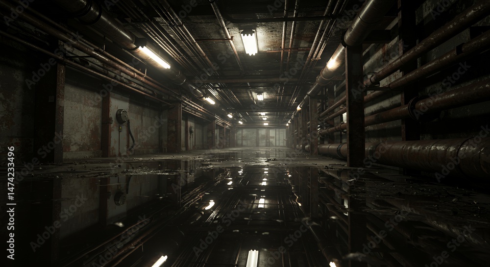 custom made wallpaper toronto digitalIndustrial Tunnel with Pipes and Water Reflection