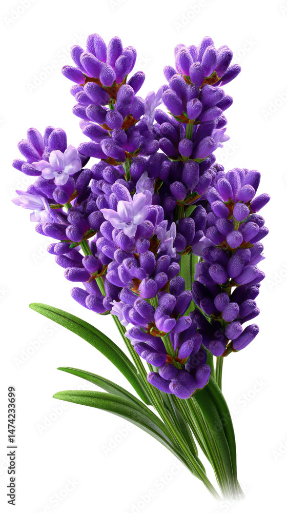 Fototapeta premium Purple Lavender Blossoms: A close-up view of vibrant lavender blossoms, displaying delicate purple petals and lush green stems. The image captures the plant's beauty and therapeutic qualities.