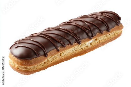 Single chocolate eclair pastry isolated on white background.