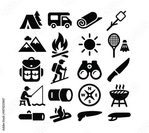 A collection of camping and outdoor activity icons in black on a white background showing equipment