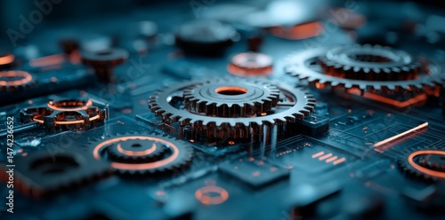 A gears icon reflected on a digital display represents the integration of digital transformation, robotic process automation, and optimized business process workflow management