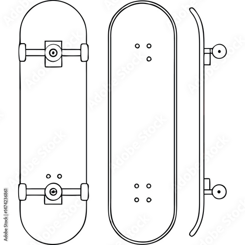 Skateboard Illustration Three Views Line Art Black and White