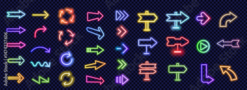 Neon arrow signs set. Collection of colorful neon arrows, web icons on black background. Banner design, bright advertising signboard elements. Vector illustration.