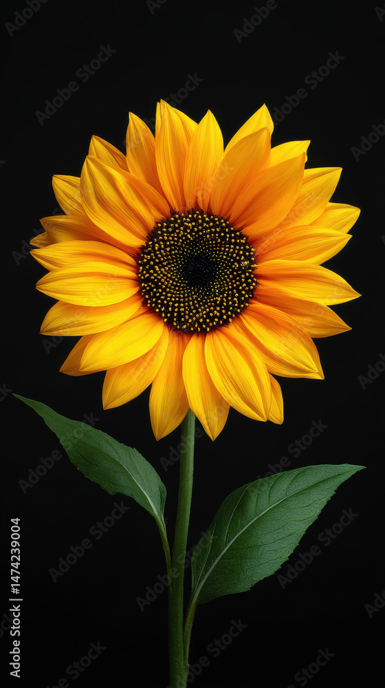 Obraz premium A vibrant sunflower with golden petals radiates against a stark black backdrop, its green stem and leaves adding a touch of natural elegance to the composition.