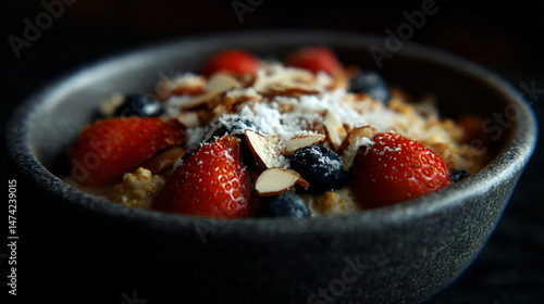 Healthy breakfast bowl with oatmeal, berries, and almonds.
