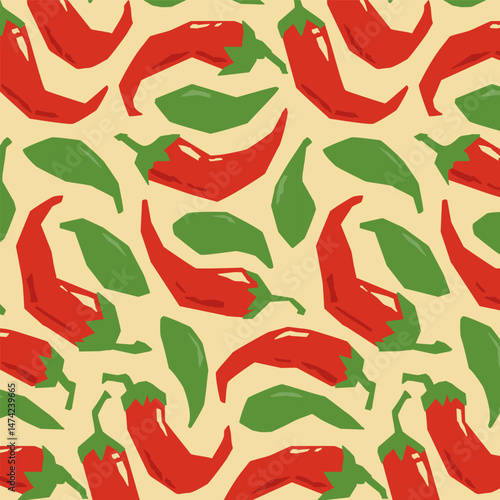 Chili peppers seamless pattern. Abstract spicy hot cayenne seasoning repeating print of paprika cut out style, organic nature shapes for wrapping paper textile. Vector print