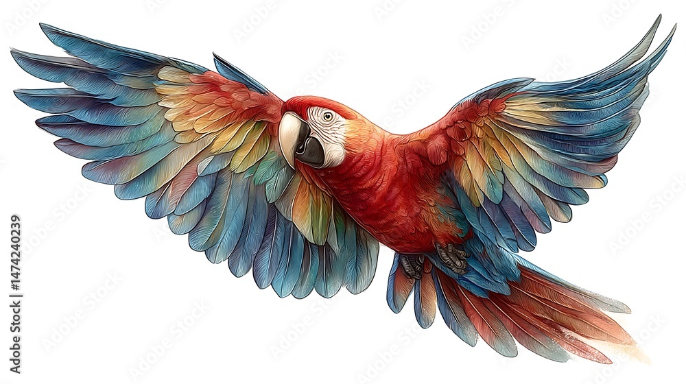 Fototapeta premium Scarlet Macaw in Flight Vibrant Wings with Tropical Beauty.
