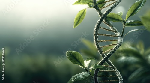DNA entwined with plant life, sunrise glow