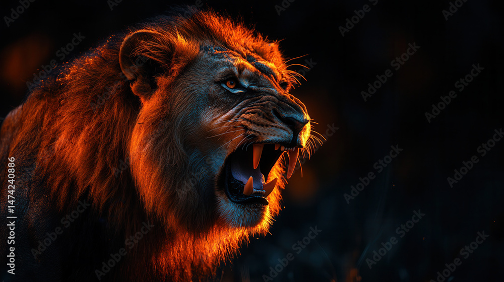 Naklejka premium majestic lion close-up showing its head and neck, with sharp focus on the textures and features 