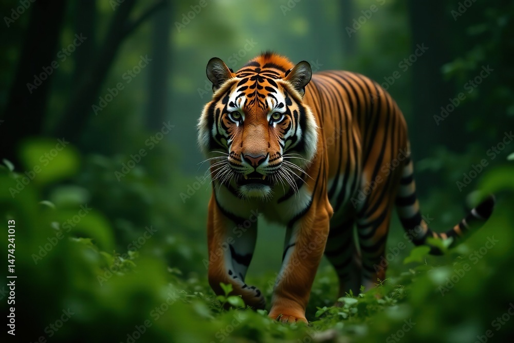 Obraz premium Powerful tiger, orange and black stripes, alert gaze, dense jungle backdrop , jungle, animal