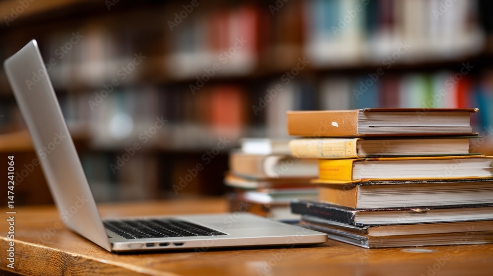 Fototapeta premium A desk in a library with books and a laptop symbolizes the integration of education, technology, and online learning