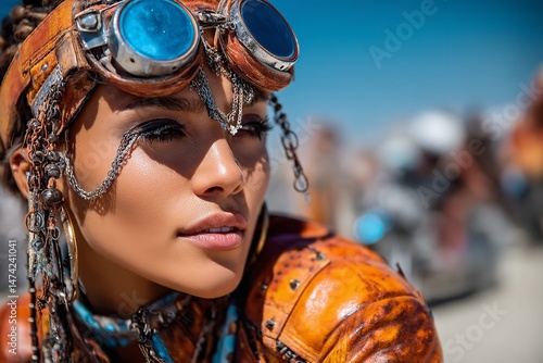 Attractive woman in a weird cyberpunk costume during the annual Burning Man desert event. Generative Ai