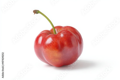 Single ripe acerola cherry on white background.