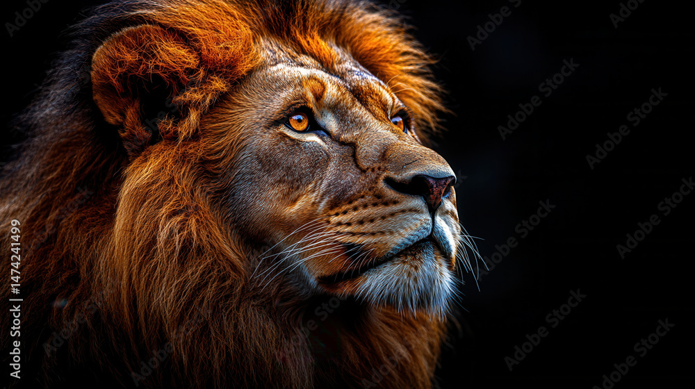 Naklejka premium majestic lion close-up showing its head and neck, with sharp focus on the textures and features 