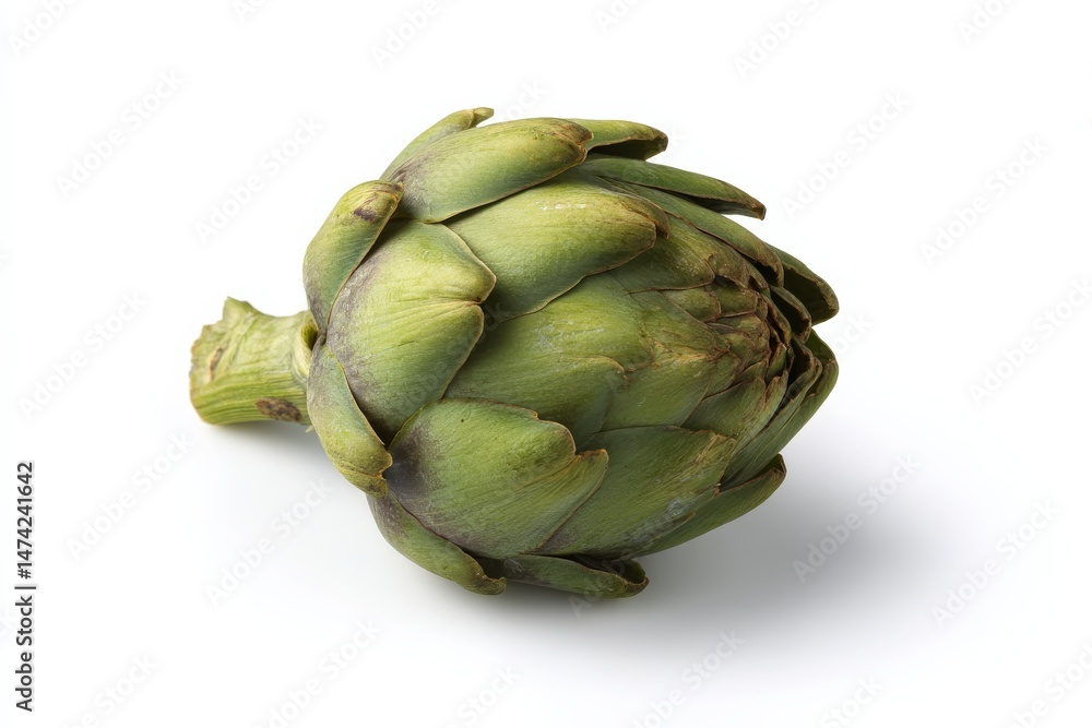 Obraz premium Single artichoke on white background. A fresh, vibrant green vegetable.
