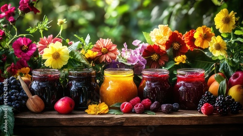 Vibrant farm ad with homemade jams in jars, fresh fruit, and flowers on a rustic wooden table.