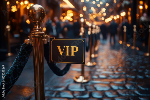 Luxurious black velvet ropes enclose the VIP area of an exclusive event, featuring a golden V.I.P. sign while chic attendees mingle in the softly lit background